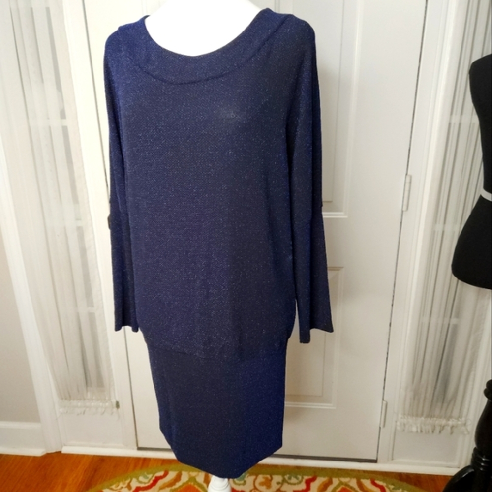 Tebie Dark Blue Metallic Thread Stretchy Long‎ Sleeve Sweater Dress  Size Large